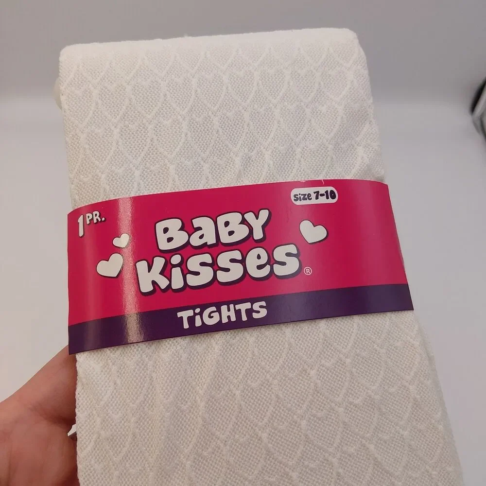 Baby Kisses Tights white Pantyhose Pack of 5, Size 7-10 Hearts Pattern Nylon